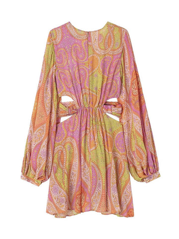 Yipinpay 2023 Print Cut Out Dress Women Short Boho Chiffon Dress Woman Slit Long Puff Sleeve Summer Dresses Beach Sexy Party Dresses